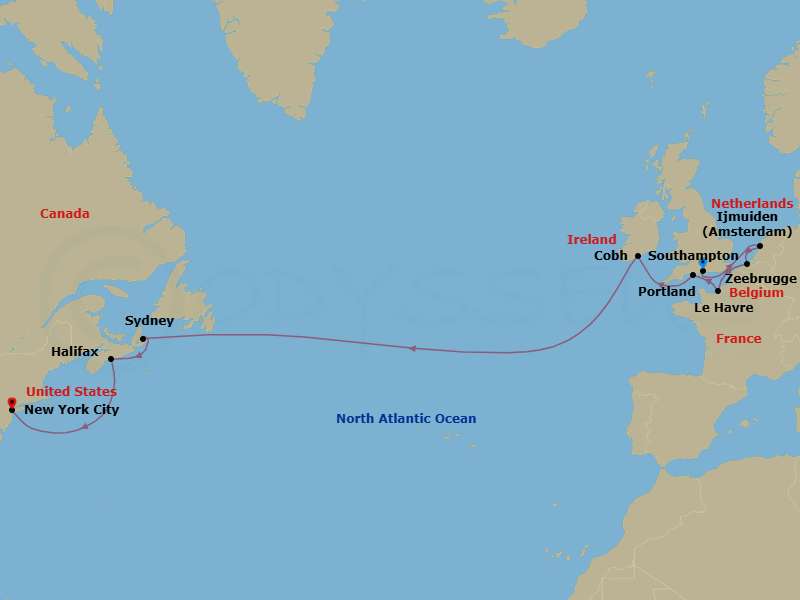 14 Night - Repo - Transatlantic - Norwegian Prima - Starting in London (Southampton), United Kingdom, Amsterdam / Ijmuiden, Netherlands, Zeebrugge / Brussels / Brugge, Belgium, Le Havre / Paris, France, Portland UK, Cork / Cobh, Ireland, Sydney NS, Cape Breton Island, Canada, Halifax, Canada, New York City, Ny itinerary map