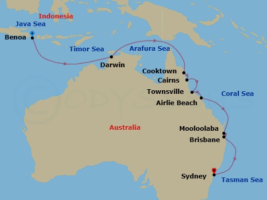 14 Night - Bali & Australia Cruise : Darwin, Great Barrier Reef & Sydney - Azamara Pursuit - Starting in Benoa, Bali, Darwin, Cooktown, Cairns, Townsville, Airlie Beach, Queensland, Mooloolaba, Queensland, Brisbane, Sydney AU itinerary map