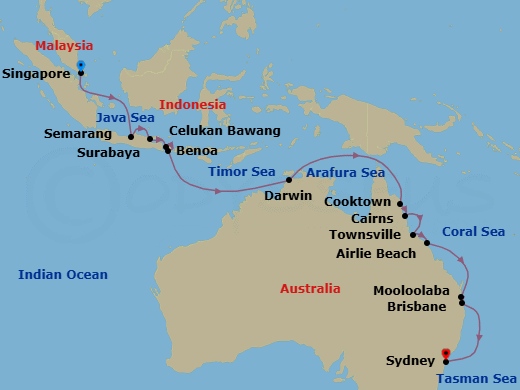 21 Night - Indonesia & Australia Combination Cruise : Bali, Darwin & Cairns - Azamara Pursuit - Starting in Singapore, Semarang, Surabaya, Celukan, Bawang, Bali, Benoa, Bali, Darwin, Cooktown, Cairns, Townsville, Airlie Beach, Queensland, Mooloolaba, Queensland, Brisbane, Sydney AU itinerary map