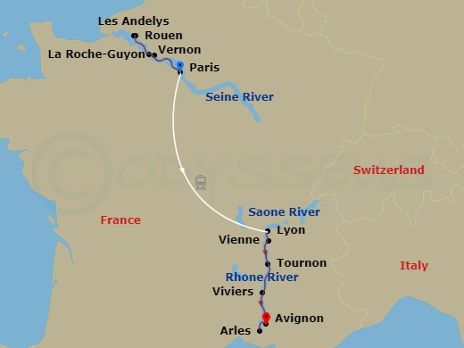 14 Night - France's Finest - Viking Nerthus - Starting in Paris, La Roche-Guyon, Vernon, Scenic Sailing Seine River, Rouen, Les Andelys, Paris (Le Pecq), Paris, Lyon, Vienne, Scenic Sailing Rhone River, Tournon, Viviers, Avignon, Arles, Avignon itinerary map
