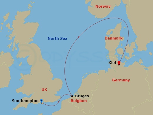 4 Night - Transatlantic from Southampton - Costa Diadema - Starting in Southampton, Zeebrugge, Kiel itinerary map