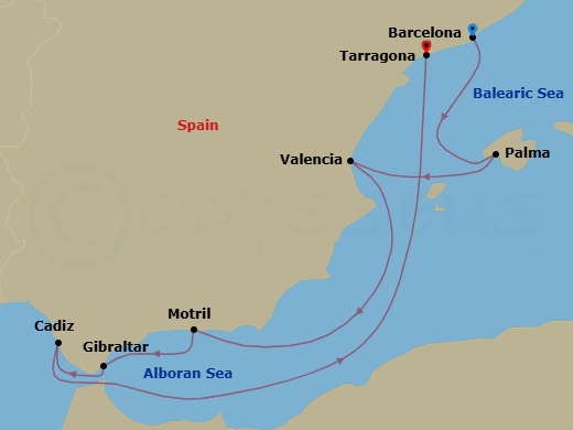 10 Night - Explore Barcelona Pre Cruisetour - Norwegian Dawn Tours - Starting in At Hotel, Barcelona, Spain, Palma Majorca, Spain, Valencia, Spain, Motril, Spain, Gibraltar, Cadiz / Seville, Spain, Barcelona (Tarragona), Spain itinerary map