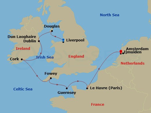 8 Night - Baltic & Northern Europe - Crystal Serenity - Starting in Liverpool, Isle of Man (Douglas), Dublin (Dun Laoghaire), Cobh, Fowey, St Peter Port, Le Havre, Ijmuiden (Amsterdam) itinerary map