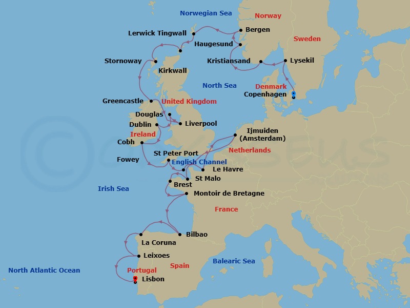 29 Night - Baltic & Northern Europe - Crystal Serenity - Starting in Copenhagen, Lysekil, Kristiansand, Haugesund, Bergen, Lerwick, Kirkwall, Lewis and Harris Island, Greencastle (Londonderry), Liverpool, Isle of Man (Douglas), Dublin (Dun Laoghaire), Cobh, Fowey, St Peter Port, Le Havre, Ijmuiden (Amsterdam), Saint Malo (Brittany), Brest, Montoir de Bretagne, Bilbao, A Coruna, Oporto (Leixoes), Lisbon itinerary map