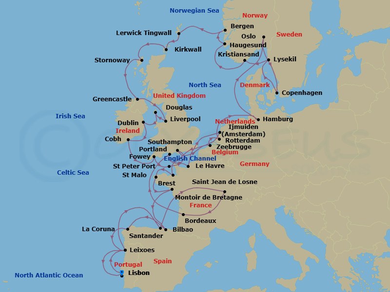 48 Night - Baltic & Northern Europe - Crystal Serenity - Starting in Lisbon, Oporto (Leixoes), Santander, Saint-Jean-de-Luz, Bordeaux, Portland UK, Southampton, Zeebrugge, Rotterdam, Hamburg, Oslo, Copenhagen, Lysekil, Kristiansand, Haugesund, Bergen, Lerwick, Kirkwall, Lewis and Harris Island, Greencastle (Londonderry), Liverpool, Isle of Man (Douglas), Dublin (Dun Laoghaire), Cobh, Fowey, St Peter Port, Le Havre, Ijmuiden (Amsterdam), Saint Malo (Brittany), Brest, Montoir de Bretagne, Bilbao, A Coruna, Oporto (Leixoes), Lisbon itinerary map