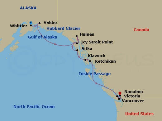 16 Night - Canadian Rockies Cruisetour : Rocky Mountaineer Silverleaf Service - Azamara Pursuit Tours - Starting in Whittier, Alaska, Valdez, Alaska, Cruise Hubbard Glacier, Haines, Alaska, Icy Strait Point, Alaska, Sitka, Alaska, Klawock, Alaska, Ketchikan (Ward Cove), Alaska, Nanaimo, British Columbia, Victoria CA, Canada, Vancouver, British Columbia itinerary map