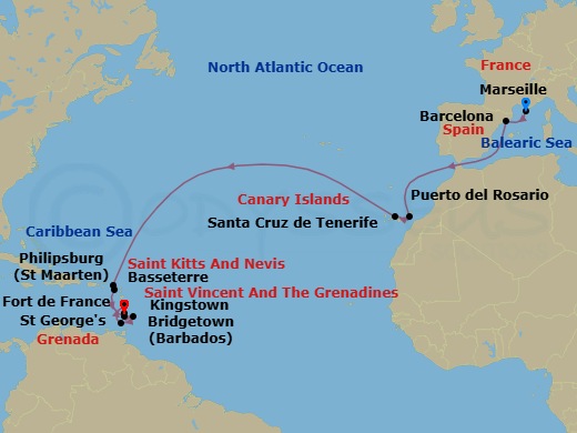 18 Night - Msc Grand Voyages - MSC World Europa - Starting in Marseille (Provence), France, Barcelona, Spain, Puerto Del Rosario / Fuerteventura, Spain, Santa Cruz de Tenerife, Philipsburg, Saint Martin, Basseterre, Saint Kitts and Nevis, Kingstown, St Vincent and the Grenadines, Bridgetown, Barbados, Saint George, Grenada, Fort-de-France, Martinique itinerary map