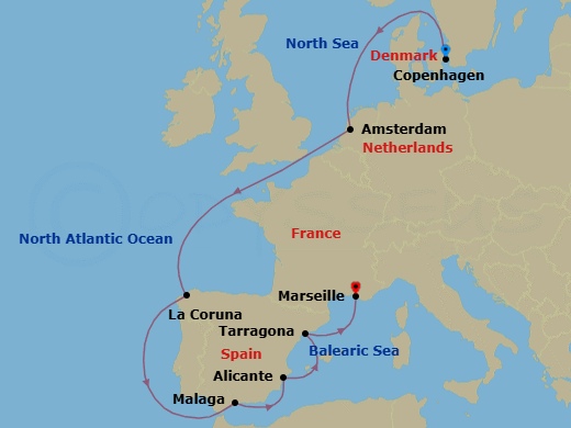 10 Night - Northern Europe - MSC Euribia - Starting in Copenhagen, Denmark, Amsterdam, Netherlands, La Coruna (Santiago De Compostela), Spain, Malaga (Granada), Spain, Alicante, Spain, Tarragona, Spain, Marseille (Provence), France itinerary map