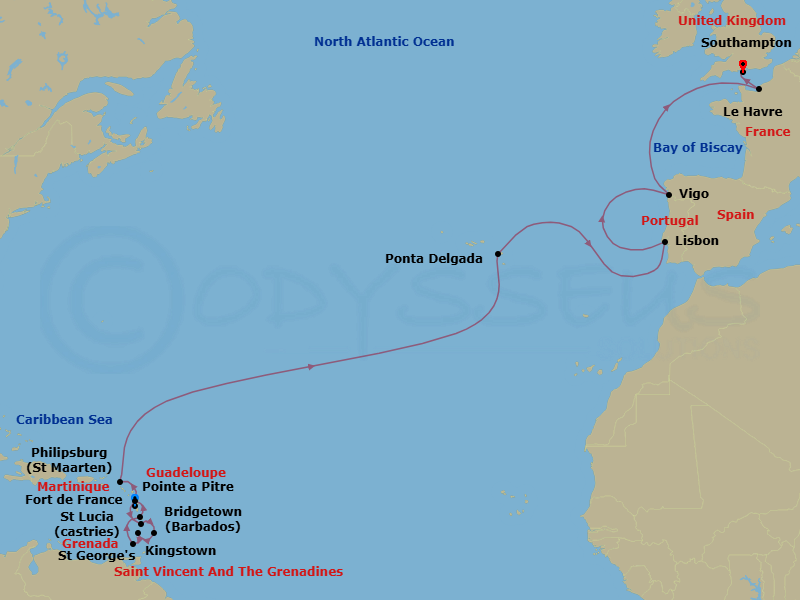 22 Night - Msc Grand Voyages - MSC Meraviglia - Starting in Pointe-A-Pitre, Guadeloupe, Castries, Saint Lucia, Bridgetown, Barbados, Kingstown, St Vincent and the Grenadines, Saint Georges, Granada, Fort-de-France, Martinique, Pointe-A-Pitre, Guadeloupe, Philipsburg, St Maarten, Ponta Delgada (Azores), Portugal, Lisbon (Cascais), Portugal, Vigo (Santiago De Compostela), Spain, Le Havre (Paris), France, Southampton (London), United Kingdom itinerary map