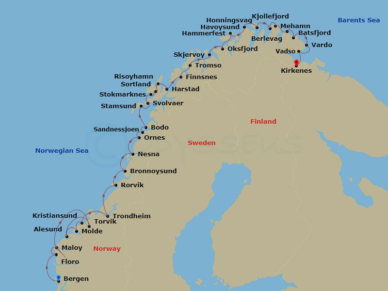 6 Night - The Coastal Express - North - MS Polarlys - Starting in Bergen, Floro, Maloy, Torvik, Alesund, Molde, Kristiansund, Trondheim, Rorvik, Bronnoysund, Sandnessjoen, Nesna, Ornes, Bodo, Stamsund, Svolvar, Stokmarknes, Sortland, Risoyhamn, Harstad, Finnsnes, Tromso, Skjervoy, Oksfjord, Hammerfest, Havoysund, Honningsvag, Kjollefjord, Mehamn, Berlevag, Batsfjord, Vardo, Vadso, Kirkenes itinerary map