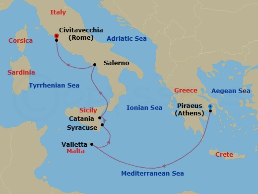 7 Night - Italy Intensive Cruise : Siracusa, Amalfi Coast & Rome - Azamara Onward - Starting in Athens (Piraeus), Valletta, Siracusa, Sicily, Catania, (Sicily), Amalfi Coast (Salerno), Rome (Civitavecchia) itinerary map