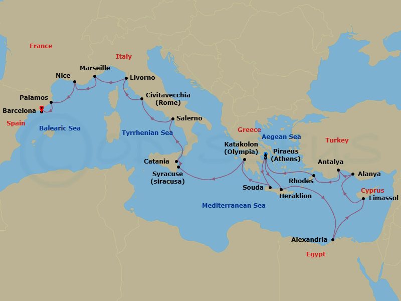 25 Night - Greece, Italy & France Combination Cruise : Alexandria, Athens & Nice - Azamara Journey - Starting in Athens (Piraeus), Heraklion, (Crete), Alexandria EG (Cairo), Egypt, Limassol, Alanya, Antalya, Rhodes, Athens (Piraeus), Chania (Souda), Crete, Olympia (Katakolon), Siracusa, Sicily, Catania, (Sicily), Amalfi Coast (Salerno), Rome (Civitavecchia), Florence / Pisa (Livorno), Nice, Provence (Marseille), Palamos, Barcelona itinerary map