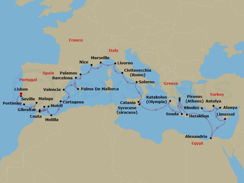 39 Night - Athens to Lisbon Grand Voyage - Azamara Journey - Starting in Athens (Piraeus), Heraklion, (Crete), Alexandria EG (Cairo), Egypt, Limassol, Alanya, Antalya, Rhodes, Athens (Piraeus), Chania (Souda), Crete, Olympia (Katakolon), Siracusa, Sicily, Catania, (Sicily), Amalfi Coast (Salerno), Rome (Civitavecchia), Florence / Pisa (Livorno), Nice, Provence (Marseille), Palamos, Barcelona, Palma, Majorca, Valencia, Cartagena ES, Melilla, Granada (Motril), Gibraltar, Malaga, Ceuta, Seville, Portimao, Lisbon itinerary map