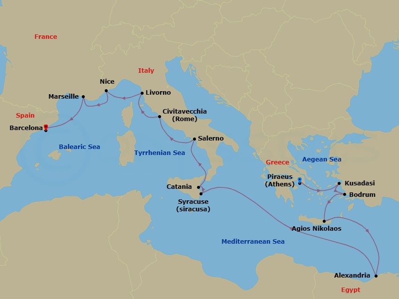 20 Night - Egypt, Italy & France Combination Cruise : Alexandria, Amalfi Coast & Nice - Azamara Journey - Starting in Athens (Piraeus), Ephesus (Kusadasi), Bodrum, Agios Nikolaos, (Crete), Alexandria EG (Cairo), Egypt, Siracusa, Sicily, Catania, (Sicily), Amalfi Coast (Salerno), Rome (Civitavecchia), Florence / Pisa (Livorno), Nice, Provence (Marseille), Barcelona itinerary map