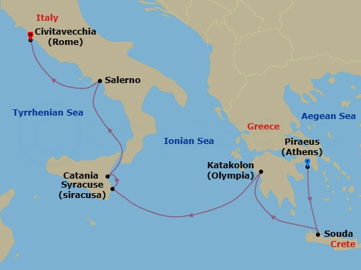 7 Night - Greece & Italy Cruise : Olympia, Catania & Amalfi Coast (Salerno) - Azamara Journey - Starting in Athens (Piraeus), Chania (Souda), Crete, Olympia (Katakolon), Siracusa, Sicily, Catania, (Sicily), Amalfi Coast (Salerno), Rome (Civitavecchia) itinerary map