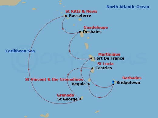 8 Night - Bridgetown to Bridgetown - Silver Spirit - Starting in Bridgetown, Bequia, Fort-de-France, Deshaies, St Kitts (Basseterre), St Georges, Castries, St Lucia, Bridgetown itinerary map