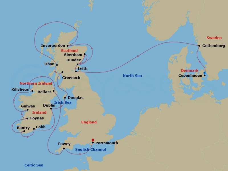 23 Night - Scotland & Ireland Combination Cruise : Aberdeen, Dublin & Belfast - Azamara Journey - Starting in Copenhagen, Gothenburg, Leith (Edinburgh), Scotland, Dundee, Scotland, Aberdeen, Scotland, Dundee, Scotland, Invergordon, Scotland, Oban UK, Scotland, Glasgow (Greenock), Scotland, Douglas, Dublin, Cork (Cobh), Bantry Harbour, Foynes, Galway, Donegal (Killybegs), Belfast, Northern Ireland, Fowey, Portsmouth UK itinerary map