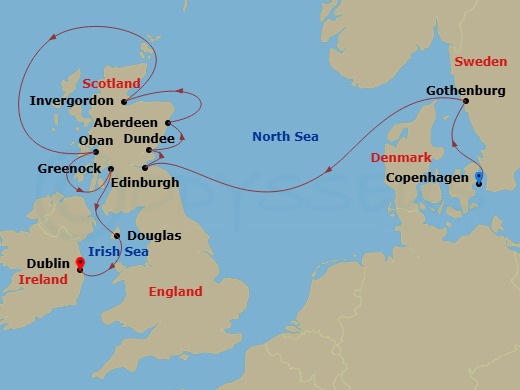12 Night - Scotland Intensive Cruise : Edinburgh, Aberdeen & Glasgow - Azamara Journey - Starting in Copenhagen, Gothenburg, Leith (Edinburgh), Scotland, Dundee, Scotland, Aberdeen, Scotland, Dundee, Scotland, Invergordon, Scotland, Oban UK, Scotland, Glasgow (Greenock), Scotland, Douglas, Dublin itinerary map