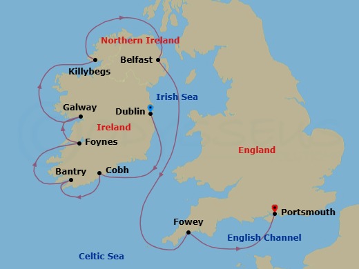 11 Night - Ireland Intensive Cruise : Dublin, Galway & Belfast - Azamara Journey - Starting in Dublin, Cork (Cobh), Bantry Harbour, Foynes, Galway, Donegal (Killybegs), Belfast, Northern Ireland, Fowey, Portsmouth UK itinerary map