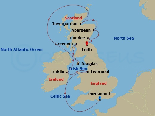 13 Night - British Isles Cruise : Liverpool, Dublin & Edinburgh - Azamara Journey - Starting in Portsmouth UK, Liverpool, England, Dublin, Glasgow (Greenock), Scotland, Douglas, Invergordon, Scotland, Aberdeen, Scotland, Dundee, Scotland, Leith (Edinburgh), Scotland itinerary map