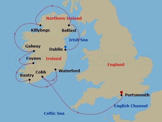 11 Night - Ireland Intensive Cruise : Dublin, Belfast & Galway - Azamara Journey - Starting in Dublin, Belfast, Northern Ireland, Donegal (Killybegs), Galway, Foynes, Bantry Harbour, Waterford, Cork (Cobh), Portsmouth UK itinerary map