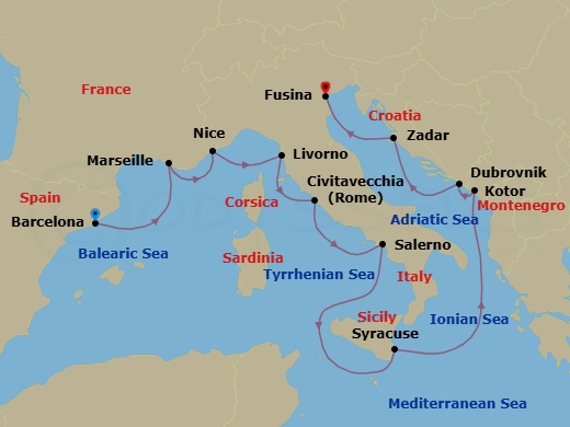 12 Night - Best of the Mediterranean Cruise : Monte Carlo, Florence, Rome & Venice - Azamara Onward - Starting in Barcelona, Provence (Marseille), Nice, Florence / Pisa (Livorno), Rome (Civitavecchia), Amalfi Coast (Salerno), Siracusa, Sicily, Kotor, Dubrovnik, Croatia, Zadar, Venice (Fusina) itinerary map