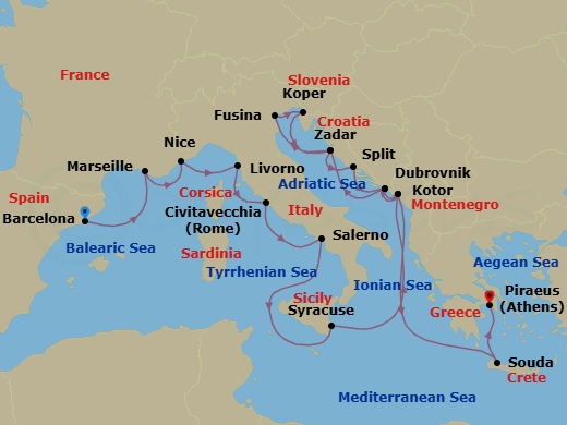 21 Night - Mediterranean Combination Cruise : Florence, Dubrovnik & Athens - Azamara Onward - Starting in Barcelona, Provence (Marseille), Nice, Florence / Pisa (Livorno), Rome (Civitavecchia), Amalfi Coast (Salerno), Siracusa, Sicily, Kotor, Dubrovnik, Croatia, Zadar, Venice (Fusina), Koper, Zadar, Split, Dubrovnik, Croatia, Kotor, Chania (Souda), Crete, Athens (Piraeus) itinerary map