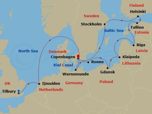 14 Night - Northern Europe & Baltic Cruise : London, Berlin & Stockholm - Azamara Quest - Starting in London (Tilbury), England, Amsterdam (Ijmuiden), Kiel Canal Cruising, Berlin (Warnemunde), Ronne, Bornholm, Gdansk, Klaipeda, Riga, Tallinn, Helsinki, Stockholm, Copenhagen itinerary map