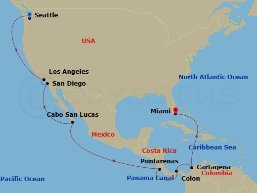 19 Night - Msc Grand Voyages - MSC Poesia - Starting in Seattle, Washington, Los Angeles, San Diego, Cabo San Lucas, Mexico, Puntarenas (San Jose), Costa Rica, Cruising Panama Canal, Colon, Panama, Cartagena CO, Colombia, Miami, Florida itinerary map