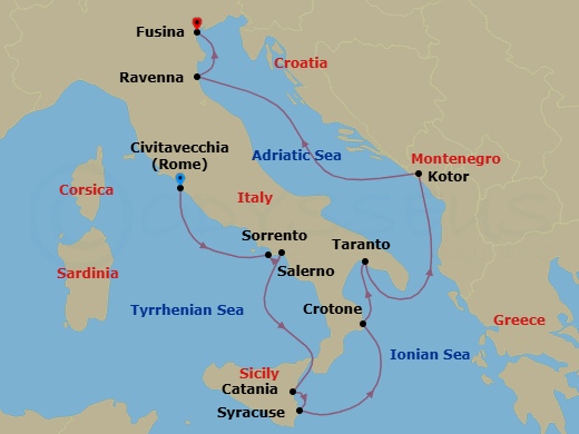 11 Night - Italy Intensive Cruise : Rome, Amalfi & Venice - Azamara Onward - Starting in Rome (Civitavecchia), Sorrento, Amalfi Coast (Salerno), Catania, (Sicily), Siracusa, Sicily, Crotone, Taranto, Kotor, Bologna (Ravenna), Venice (Fusina) itinerary map