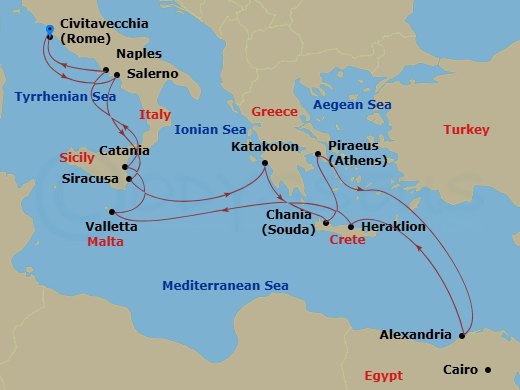 17 Night - Mediterranean & Egypt Combination Cruise : Salerno, Alexandria & Naples - Azamara Onward - Starting in Rome (Civitavecchia), Amalfi Coast (Salerno), Siracusa, Sicily, Olympia (Katakolon), Chania (Souda), Crete, Athens (Piraeus), Alexandria EG (Cairo), Egypt, Heraklion, (Crete), Valletta, Catania, (Sicily), Naples, Rome (Civitavecchia) itinerary map