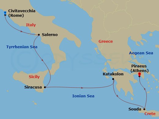 7 Night - Italy & Greece Cruise : Amalfi Coast, Siracusa & Olympia - Azamara Onward - Starting in Rome (Civitavecchia), Amalfi Coast (Salerno), Siracusa, Sicily, Olympia (Katakolon), Chania (Souda), Crete, Athens (Piraeus) itinerary map