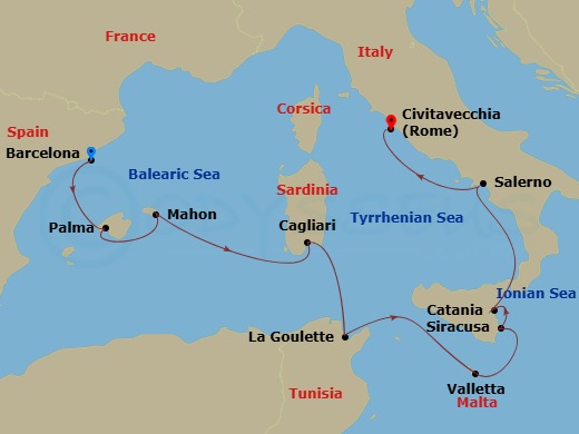 11 Night - Spain & Italy Cruise : Barcelona, Salerno & Rome - Azamara Onward - Starting in Barcelona, Palma, Majorca, Mahon, Menorca, Cagliari, Sardinia, La Goulette, Valletta, Siracusa, Sicily, Catania, (Sicily), Amalfi Coast (Salerno), Rome (Civitavecchia) itinerary map