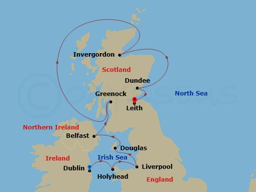 13 Night - British Isles Cruise : Dublin, Liverpool & Edinburgh - Azamara Quest - Starting in Dublin, Holyhead, Liverpool, England, Douglas, Belfast, Northern Ireland, Glasgow (Greenock), Scotland, Invergordon, Scotland, Dundee, Scotland, Leith (Edinburgh), Scotland itinerary map