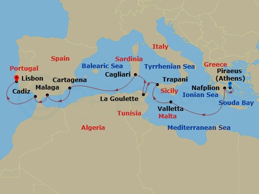 15 Night - Athens to Lisbon - Silver Spirit - Starting in Athens (Piraeus), Nafplion, Souda Bay (Crete), Valletta, Trapani, Sicily, Tunis (La Goulette), Cagliari (Sardinia), Cartagena ES, Spain, Malaga (Costa del Sol), Cadiz, Lisbon itinerary map