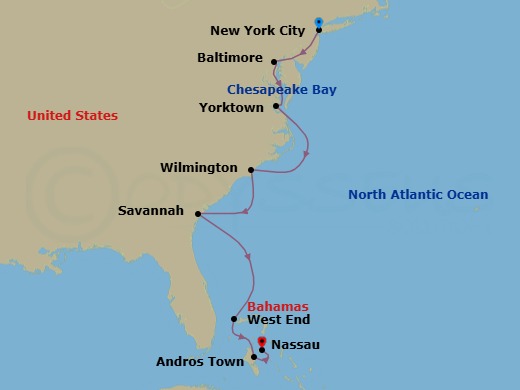 10 Night - America's East Coast to the Bahamas - Scenic Eclipse - Starting in New York City, New York, Chesapeake and Delaware Canal Transit / At Sea Baltimore, Maryland, Baltimore, Maryland, Yorktown, Virginia, Wilmington, North Carolina, Savannah, Georgia, West End (Old Bahama Bay), Bahamas, Andros Island, Bahamas, Nassau, Bahamas itinerary map