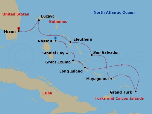 9 Night - Caribbean Passage : Bahamas to Miami - Scenic Eclipse - Starting in Nassau, Bahamas, Staniel Cay, Bahamas, Exuma Island, Bahamas, Long Island, Bahamas, Grand Turk, Turks and Caicos Islands, Mayaguana, Bahamas, San Salvador Island, Bahamas, Eleuthera Island, Bahamas, Grand Bahama Island (Lucaya, Bell Channel Bay), Bahamas, Miami, Florida itinerary map