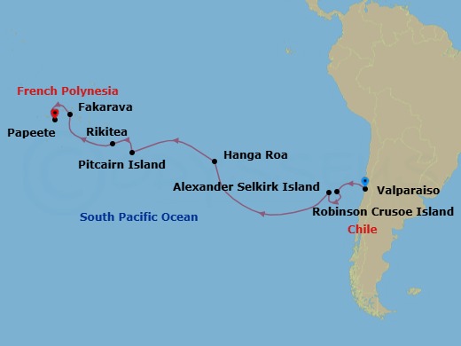18 Night - Journey Across the Pacific : Easter Island & French Polynesia - Scenic Eclipse II - Starting in Valparaiso, Chile, Robinson Crusoe Island, Chile, Alexander Selkirk Island, Chile, Hanga Roa, Easter Island, Chile, Pitcairn Island, United Kingdom, Rikitea, Gambier Islands, French Polynesia, Fakarava, Tuamotu, French Polynesia, Papeete, Tahiti, French Polynesia itinerary map