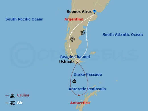 12 Night - Antarctica in Depth - Scenic Eclipse - Starting in Buenos Aires, Argentina, Buenos Aires, Argentina / Ushuaia, Argentina, Antarctica, At Sea / Ushuaia, Argentina, Ushuaia, Argentina / Buenos Aires, Argentina itinerary map