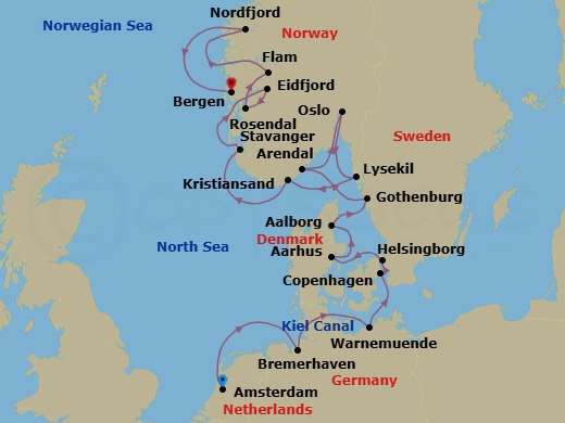 18 Night - Ultimate Voyage : Amsterdam to Bergen & the Norwegian Fjords - Scenic Eclipse - Starting in Amsterdam, Netherlands, Bremerhaven, Germany, At Sea Kiel Canal, Warnemunde (Berlin), Germany, Copenhagen, Denmark, Helsingborg, Sweden, Aarhus, Denmark, Aalborg, Denmark, Gothenburg, Sweden, Arendal, Norway, Oslo, Norway, Lysekil, Sweden, Kristiansand, Norway, Stavanger, Norway, Eidfjord, Norway, Rosendal, Norway, Flam, Norway, Nordfjord, Norway, Bergen, Norway itinerary map