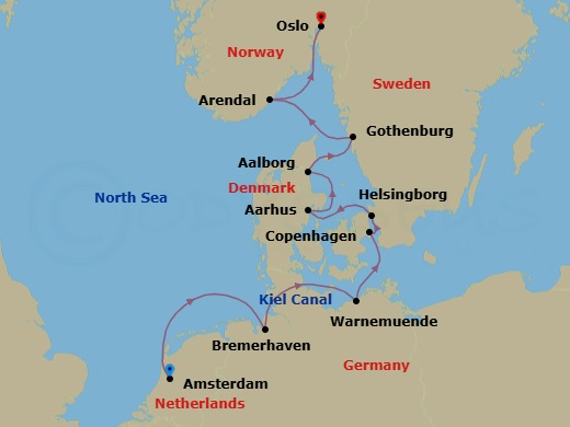 10 Night - Tales of the North Passage : Amsterdam to Oslo - Scenic Eclipse - Starting in Amsterdam, Netherlands, Bremerhaven, Germany, At Sea Kiel Canal, Warnemunde (Berlin), Germany, Copenhagen, Denmark, Helsingborg, Sweden, Aarhus, Denmark, Aalborg, Denmark, Gothenburg, Sweden, Arendal, Norway, Oslo, Norway itinerary map