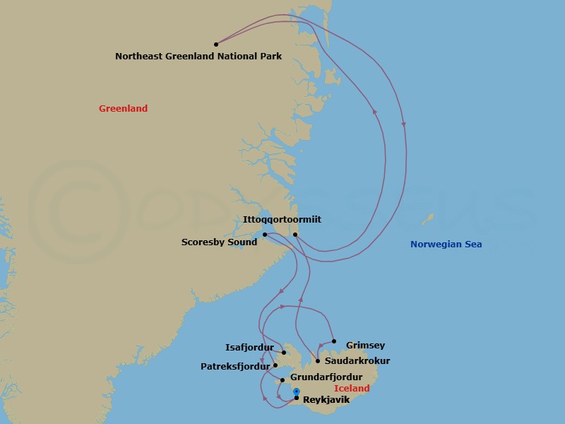 12 Night - Northern Frontiers : Iceland to Greenland's National Parks - Scenic Eclipse - Starting in Reykjavik, Iceland, Patreksfjordur, Iceland, Grimsey Island, Iceland, Saudarkrokur, Iceland, At Sea / Ittoqqortoormiit, Greenland, Northeast Greenland National Park, Scoresby Sund, Greenland, Isafjordur, Iceland, Grundarfjordur, Iceland, Reykjavik, Iceland itinerary map