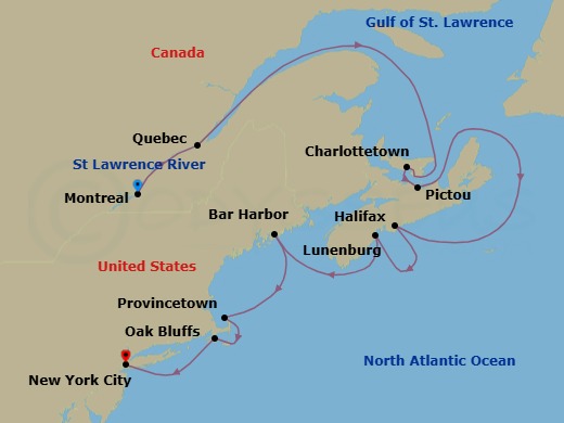 11 Night - Autumn Foliage of Canada & America's East Coast - Scenic Eclipse - Starting in Montreal, Quebec, Canada, Quebec City, Quebec, Canada, Charlottetown, Prince Edward Island, Canada, Pictou, Nova Scotia, Canada / Canso Canal Transit, Halifax, Nova Scotia, Canada, Lunenburg, Nova Scotia, Canada, Bar Harbor, Maine, Provincetown, Massachusetts, Oak Bluff Harbor, Marthas Vineyard, Massachusetts, New York City, New York itinerary map