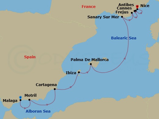 10 Night - Mediterranean Classics : Malaga to the French Riveira - Scenic Eclipse - Starting in Malaga, Spain, Motril (Granada), Spain, Cartagena ES, Ibiza, Spain, Palma De Mallorca, Spain, Sanary-sur-Mer, France, Frejus, France, Cannes, France, Antibes, France / Nice, France, Nice, France itinerary map