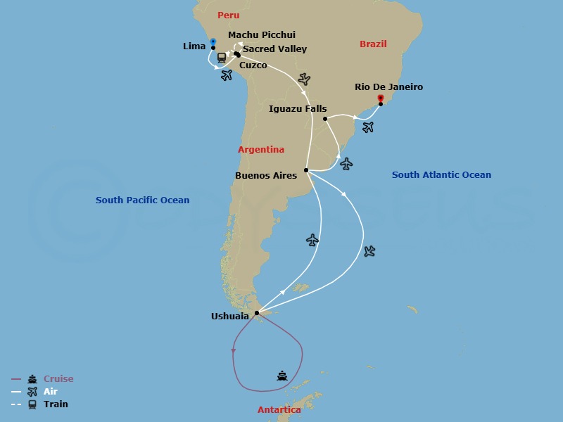 30 Night - Ultimate Journey : Peru, Argentina, Brazil & Antarctica - Scenic Ikon - Starting in Lima, Peru, Lima, Lima / Sacred Valley, Sacred Valley, Sacred Valley / Machu Picchu, Machu Picchu / Cuzco, Cuzco, Cuzco / Buenos Aires, Buenos Aires, Buenos Aires, Argentina / Ushuaia, Argentina, Antarctica, At Sea / Ushuaia, Argentina, Ushuaia / Buenos Aires, Argentina, Buenos Aires, Buenos Aires / Iguazu Falls, Iguazu Falls, Iguazu Falls / Rio de Janeiro, Rio De Janeiro itinerary map