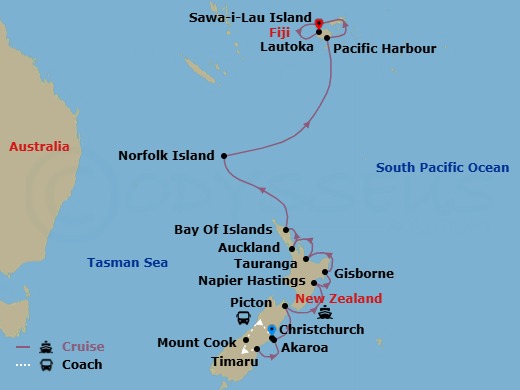17 Night - New Zealand, Norfolk and Fiji Treasures - Cruise & Land Journey - Scenic Eclipse II - Starting in Christchurch, Christchurch / Mount Cook, Mount Cook / Timaru, Akaroa, New Zealand, Picton, New Zealand, Napier, New Zealand, Gisborne, New Zealand, Tauranga, New Zealand, Auckland, New Zealand, Bay of Islands, New Zealand, Norfolk Island, Australia, Pacific Harbour, Fiji, Sawa-i-Lau Island, Yasawa Islands, Fiji, Lautoka, Fiji itinerary map