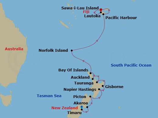 14 Night - New Zealand, Norfolk Island & Fiji's Coastal Treasures - Scenic Eclipse II - Starting in Timaru (Christchurch), New Zealand, Akaroa, New Zealand, Picton, New Zealand, Napier, New Zealand, Gisborne, New Zealand, Tauranga, New Zealand, Auckland, New Zealand, Bay of Islands, New Zealand, Norfolk Island, Australia, Pacific Harbour, Fiji, Sawa-i-Lau Island, Yasawa Islands, Fiji, Lautoka, Fiji itinerary map