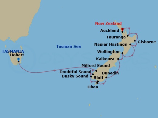 13 Night - New Zealand Wonders & Mystic Fjords - Scenic Eclipse II - Starting in Hobart, Tasmania, Australia, Cruising Milford Sound, New Zealand, Cruising Doubtful Sound / Cruising Dusky Sound, New Zealand, Bluff, New Zealand, Oban NZ, Stewart Island, New Zealand, Port Chalmers (Dunedin), New Zealand, Kaikoura, New Zealand, Wellington, New Zealand, Napier, New Zealand, Gisborne, New Zealand, Tauranga, New Zealand, Auckland, New Zealand itinerary map