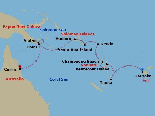 13 Night - Alluring Solomon Islands, Vanuatu & Papua New Guinea - Scenic Eclipse II - Starting in Lautoka, Fiji, Tanna Island, Vanuatu, Pentecost Island, Vanuatu, Champagne Beach, Espiritu Santo Island, Vanuatu, Lata, Ndende Island, Solomon Islands, Santa Ana Island, Solomon Islands, Honiara, Guadalcanal Island, Solomon Islands, Alotau, Papua New Guinea, Doini Island, Papua New Guinea, Cairns, Queensland, Australia itinerary map