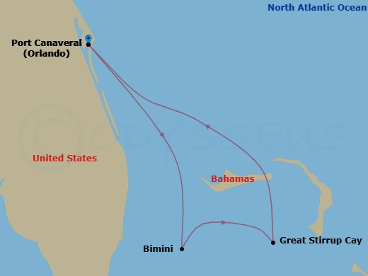 4 Night - Bahamas - Short - Norwegian Epic - Starting in Orlando Beaches / Port Canaveral, Fl, Bimini, Bahamas, Great Stirrup Cay, Bahamas, Orlando Beaches / Port Canaveral, Fl itinerary map